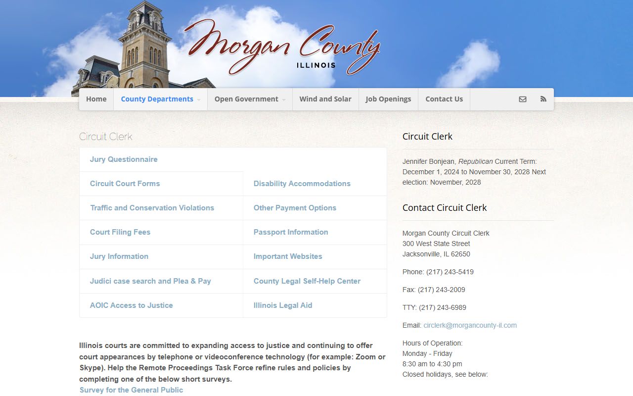 Morgan County Circuit Clerk page linking the Judici case search for court records after an arrest