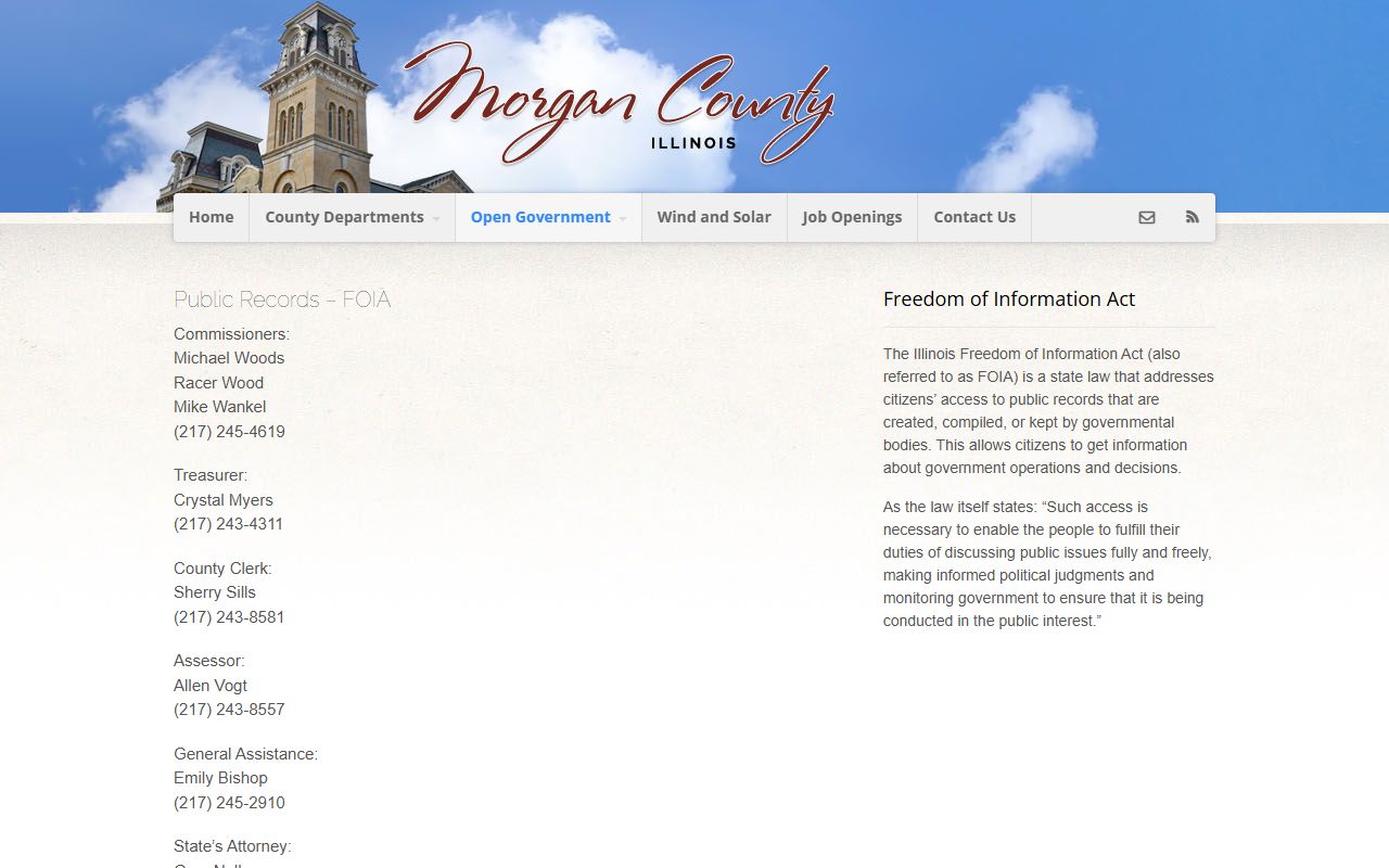 Morgan County public records page listing the Sheriff's Department FOIA officer for jail inmate records requests