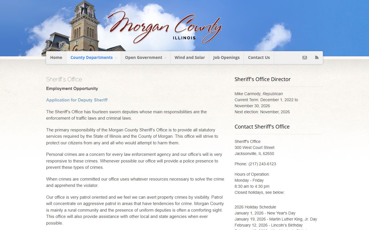 Morgan County Sheriff's Office page showing jail inspection links and office contact details
