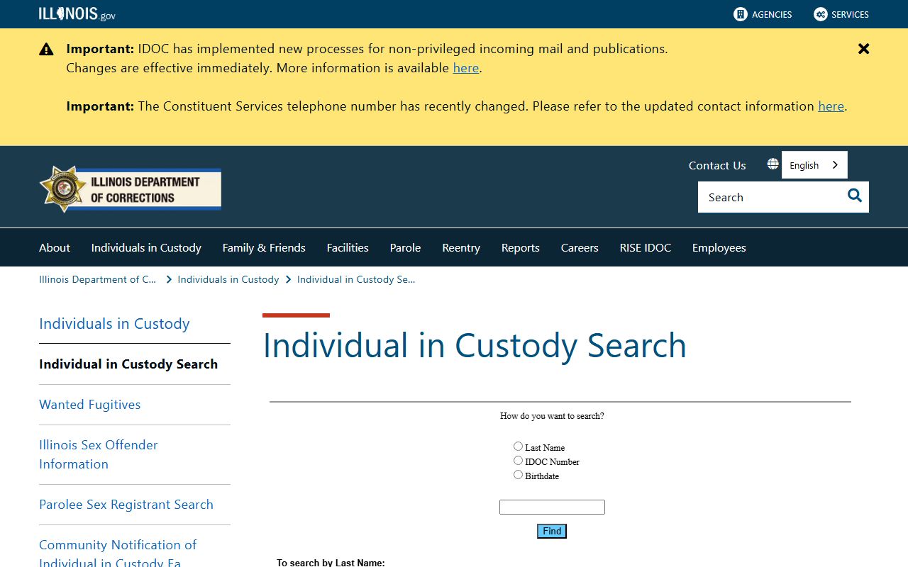Illinois Department of Corrections Individual in Custody Search page for the Morgan County state prison population