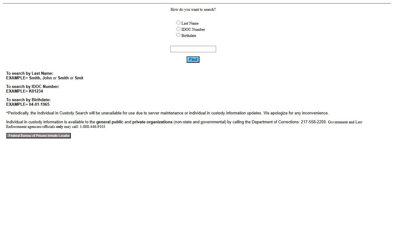 Illinois Department of Corrections inmate search form with Last Name, IDOC Number, and Birthdate options for sentenced Morgan County inmates
