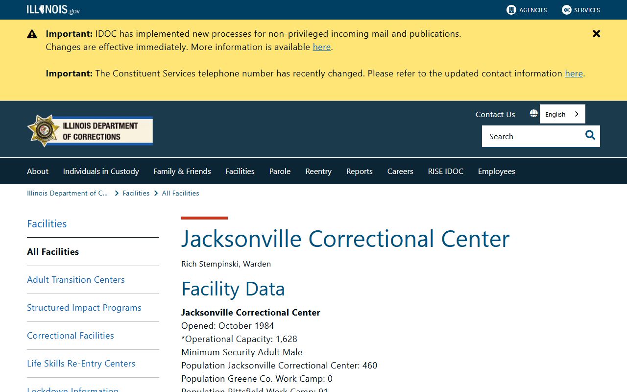 Illinois corrections facility page for Jacksonville Correctional Center showing capacity and population near Morgan County